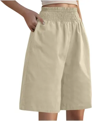 Womens Linen Shorts 2025 Causal Comfy Summer Drawstring High Waist Cotton Shorts for Women Baggy Pants Pockets