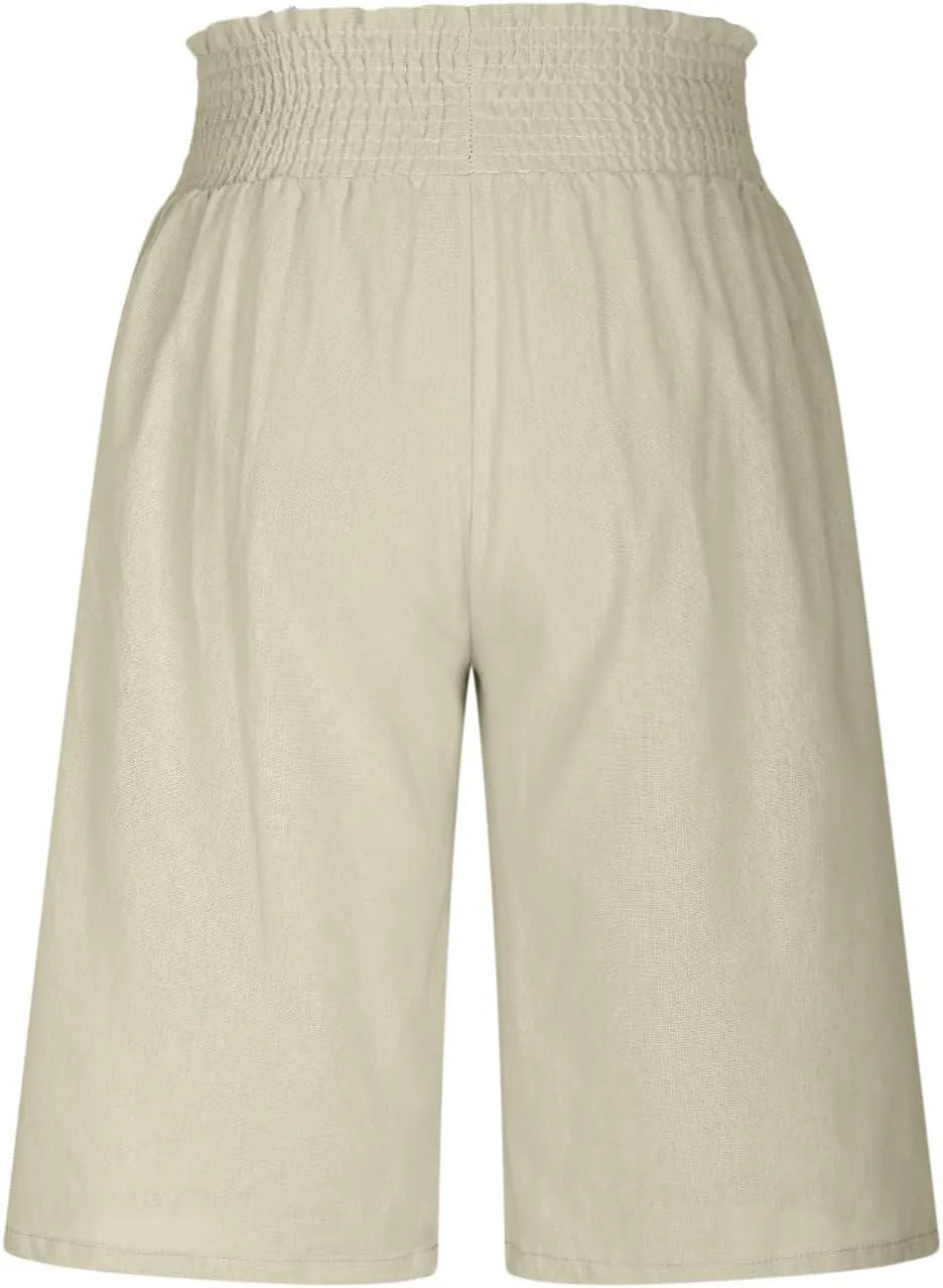 Womens Linen Shorts 2025 Causal Comfy Summer Drawstring High Waist Cotton Shorts for Women Baggy Pants Pockets