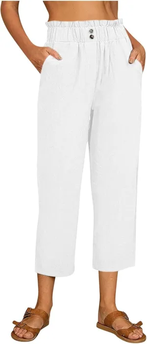 Women's Linen Summer Y2K Fashion Pants Elastic Waisted Ankle Length Slim Fit Trousers Beach