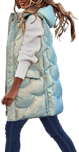 Womens Long Vest Puffer Sleveless Hoodies Quilted Vest Oversized Outdoor Puffer Down Coat Thickened Winter Warm Jacket