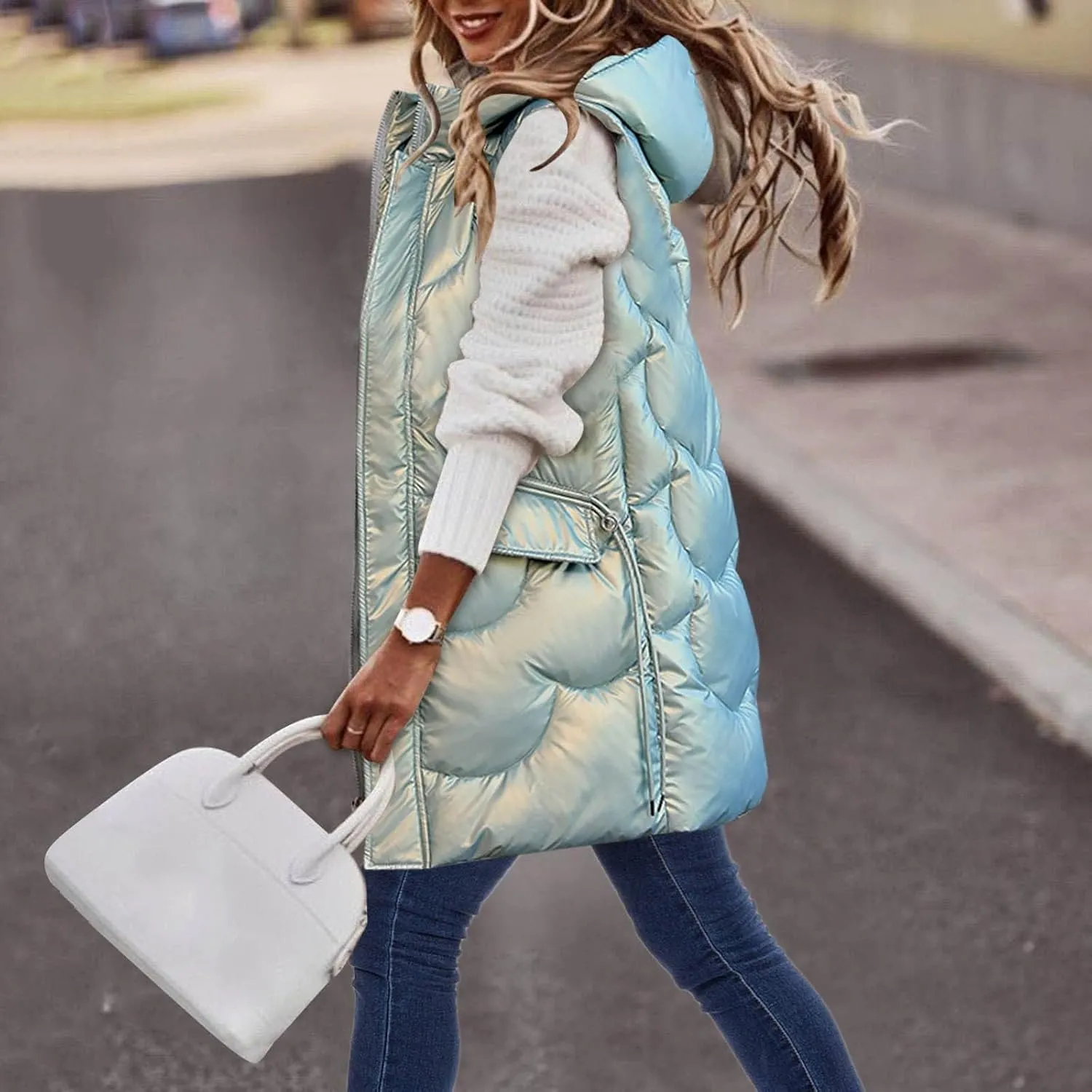 Womens Long Vest Puffer Sleveless Hoodies Quilted Vest Oversized Outdoor Puffer Down Coat Thickened Winter Warm Jacket