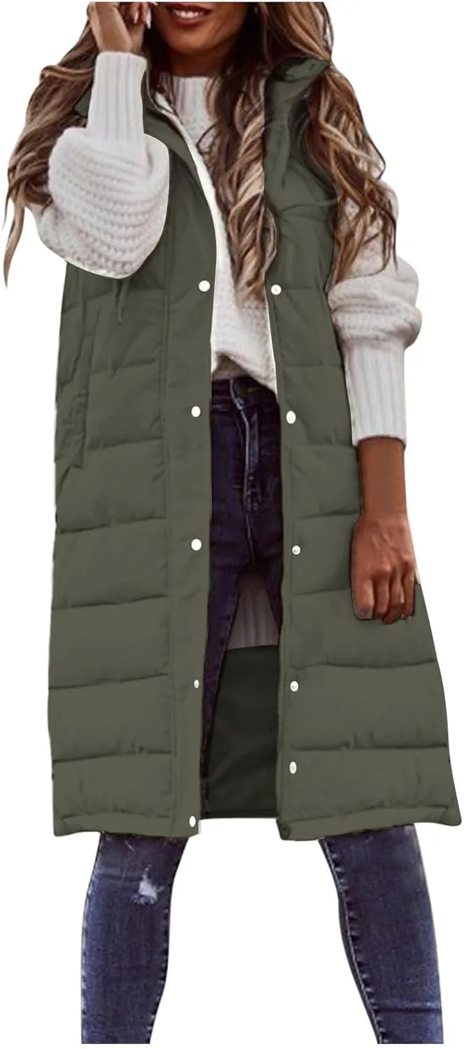 Womens Long Vest Puffer Sleveless Hoodies Quilted Vest Oversized Outdoor Puffer Down Coat Thickened Winter Warm Jacket