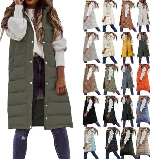 Womens Long Vest Puffer Sleveless Hoodies Quilted Vest Oversized Outdoor Puffer Down Coat Thickened Winter Warm Jacket