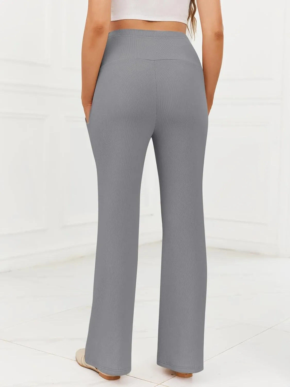 Women's Maternity Pants Casual Adjustable High Waist Flare Leggings Stretchy Pregnancy Trousers with Pockets