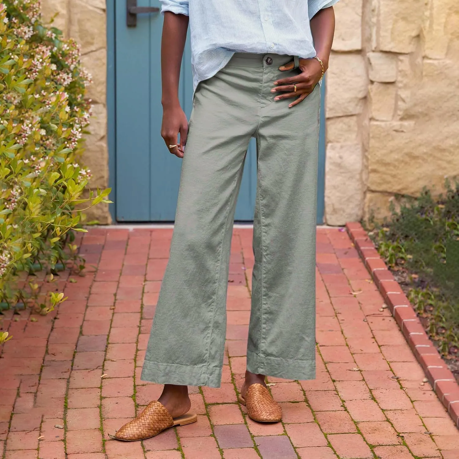 Womens Pants, Peasant Pants Casual Linen Plaid Straight Leg Side Button Drawstring