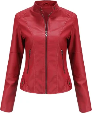 Women's Petite Casual Faux Leather Cropped Jacket Zip up Long Sleeve Moto Biker Coat, Faux Leather Jacket