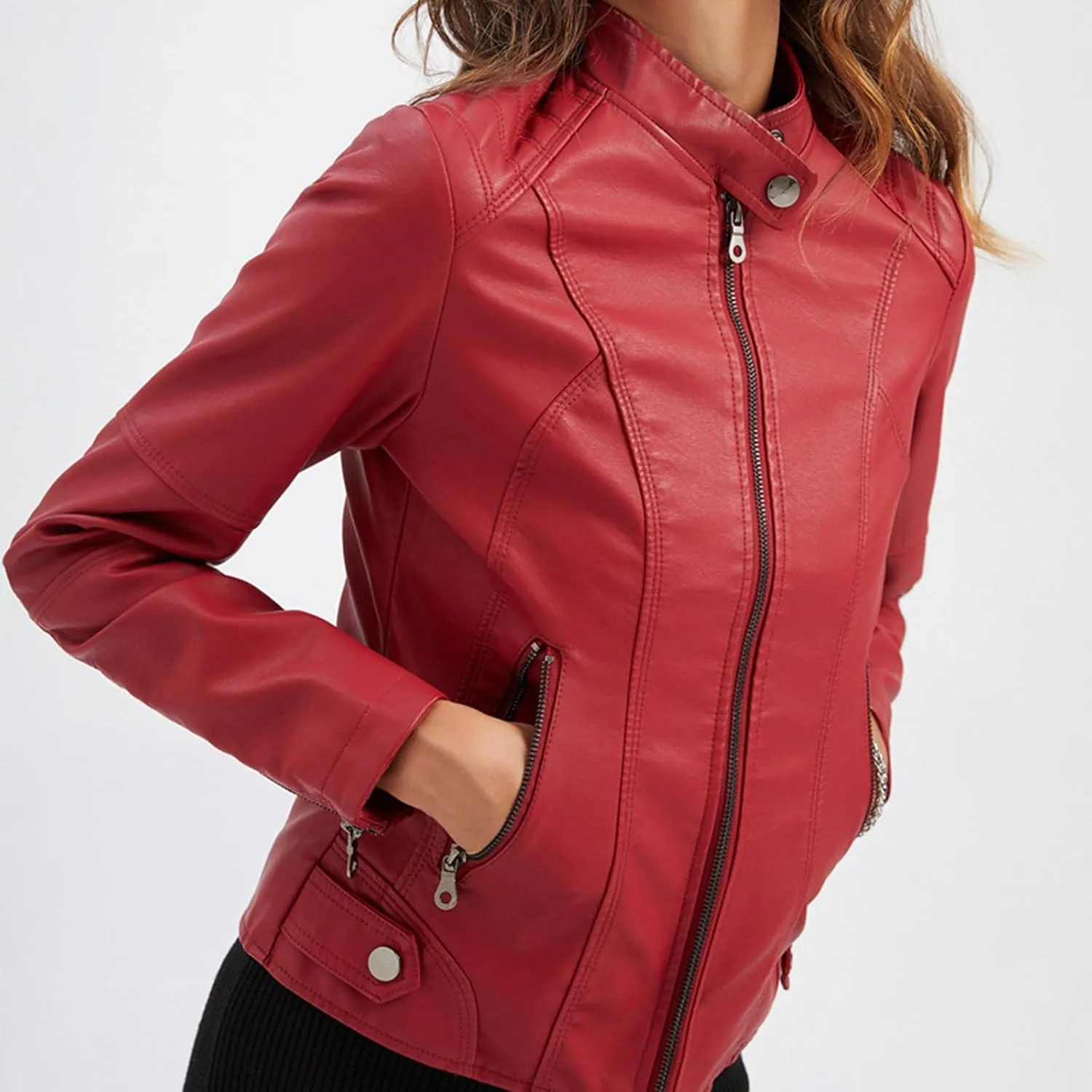 Women's Petite Casual Faux Leather Cropped Jacket Zip up Long Sleeve Moto Biker Coat, Faux Leather Jacket