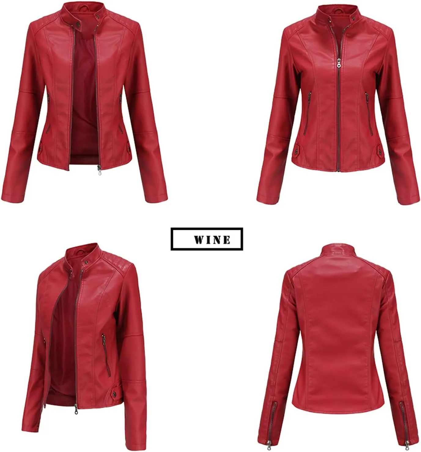 Women's Petite Casual Faux Leather Cropped Jacket Zip up Long Sleeve Moto Biker Coat, Faux Leather Jacket