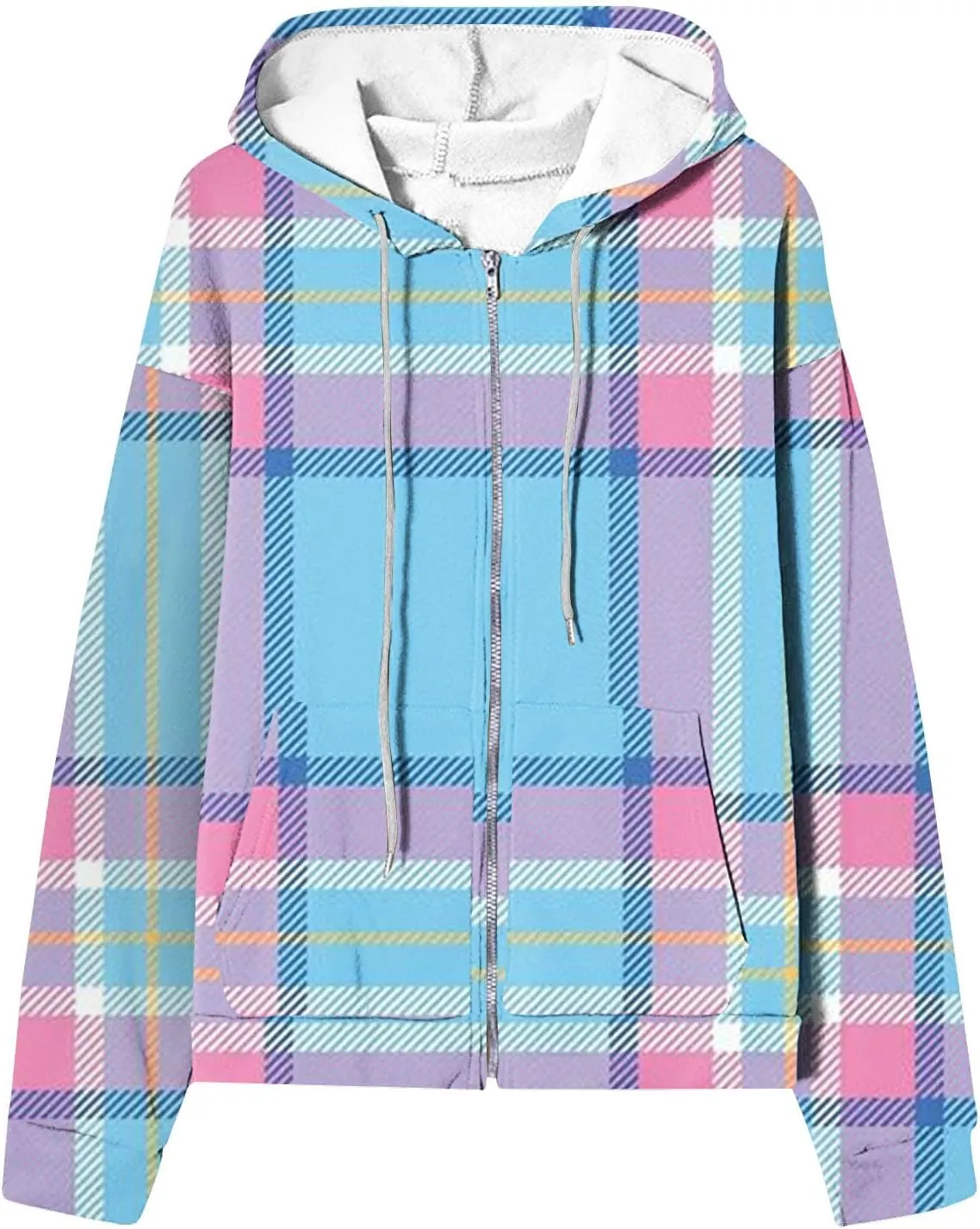 Womens Plaid Jackets 2025 Zipper Hooded Plaid Drawstring Sweatshirt Loose Long Sleeve Oversized Plaid Hoodie Jackets