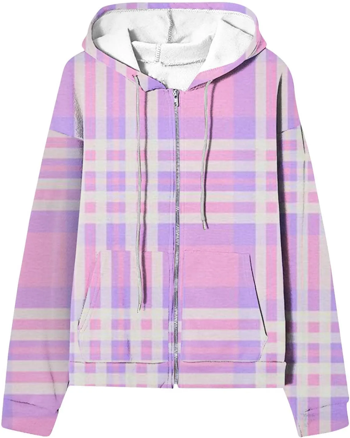 Womens Plaid Jackets 2025 Zipper Hooded Plaid Drawstring Sweatshirt Loose Long Sleeve Oversized Plaid Hoodie Jackets