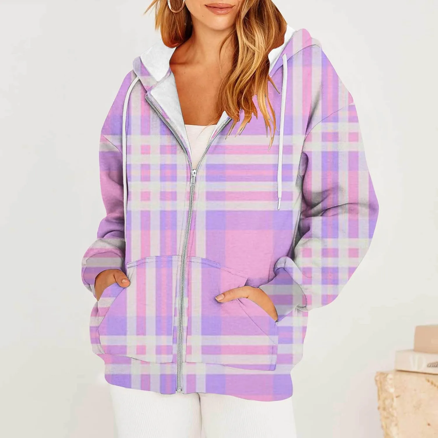 Womens Plaid Jackets 2025 Zipper Hooded Plaid Drawstring Sweatshirt Loose Long Sleeve Oversized Plaid Hoodie Jackets