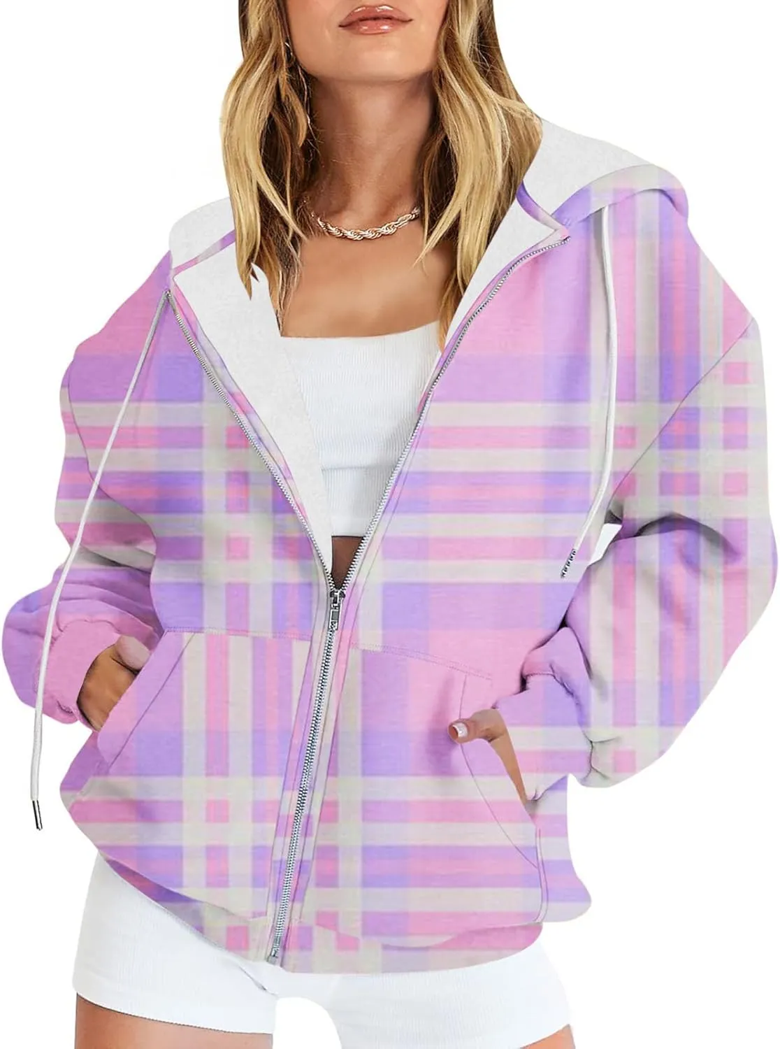 Womens Plaid Jackets 2025 Zipper Hooded Plaid Drawstring Sweatshirt Loose Long Sleeve Oversized Plaid Hoodie Jackets