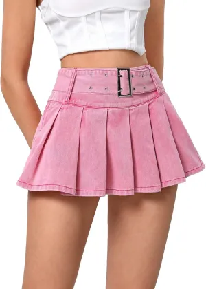 Women's Pleated Short Jean Skirt High Waist Buckle Belt A Line Y2k Denim Mini Skirt