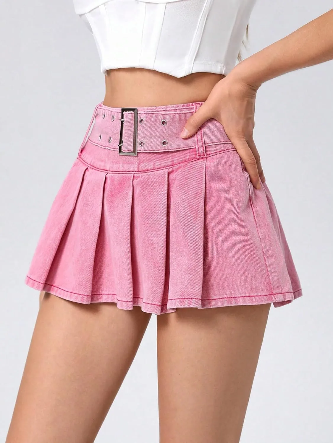 Women's Pleated Short Jean Skirt High Waist Buckle Belt A Line Y2k Denim Mini Skirt