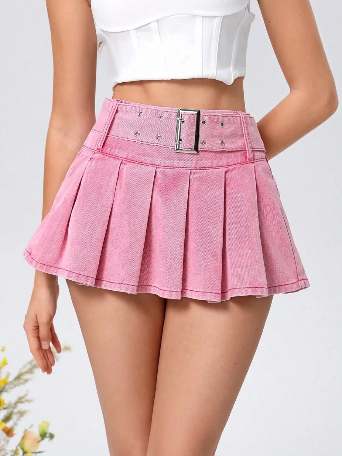 Women's Pleated Short Jean Skirt High Waist Buckle Belt A Line Y2k Denim Mini Skirt