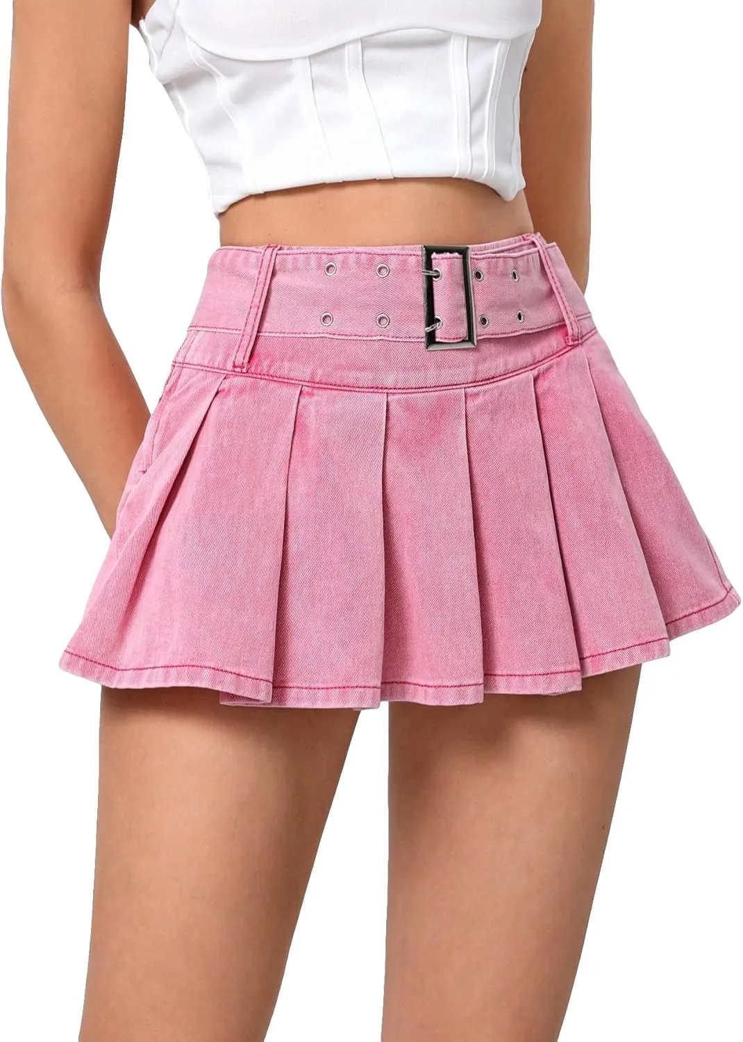 Women's Pleated Short Jean Skirt High Waist Buckle Belt A Line Y2k Denim Mini Skirt