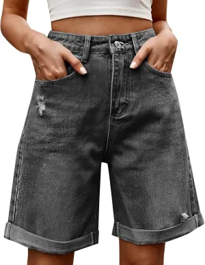 Women's Ripped Jean Bermuda Shorts Summer Vintage Wide Leg Jean Shorts High Waisted Casual Denim Short Knee Length