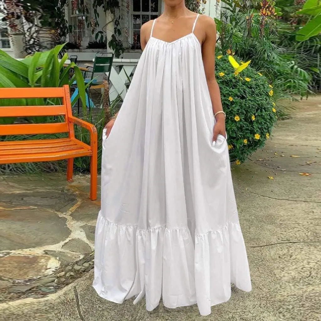 Womens Sexy Spaghetti Strap Sleeveless Ruched Ruffle Hem Bandage Oversized Summer Beach Loose Long Maxi Swing Dress
