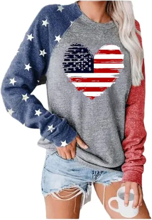 Womens Star Print Colorblock Shirt Long Sleeve American Flag 4th of July Pullvoer Blouse Tops