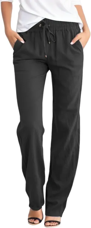 Women's Straight Leg Long Pants with Pockets Elastic High Waist Drawstring Pants Solid Color Trendy Casual Trousers Blue Chic Store,Black,XL