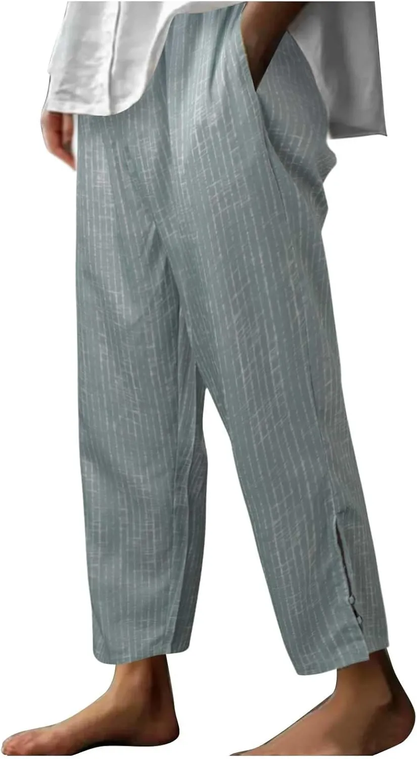 Womens Striped Pants Drawstring Elastic Waist Summer Lounge Pants Straight Leg Baggy Trendy Trousers with Pocket