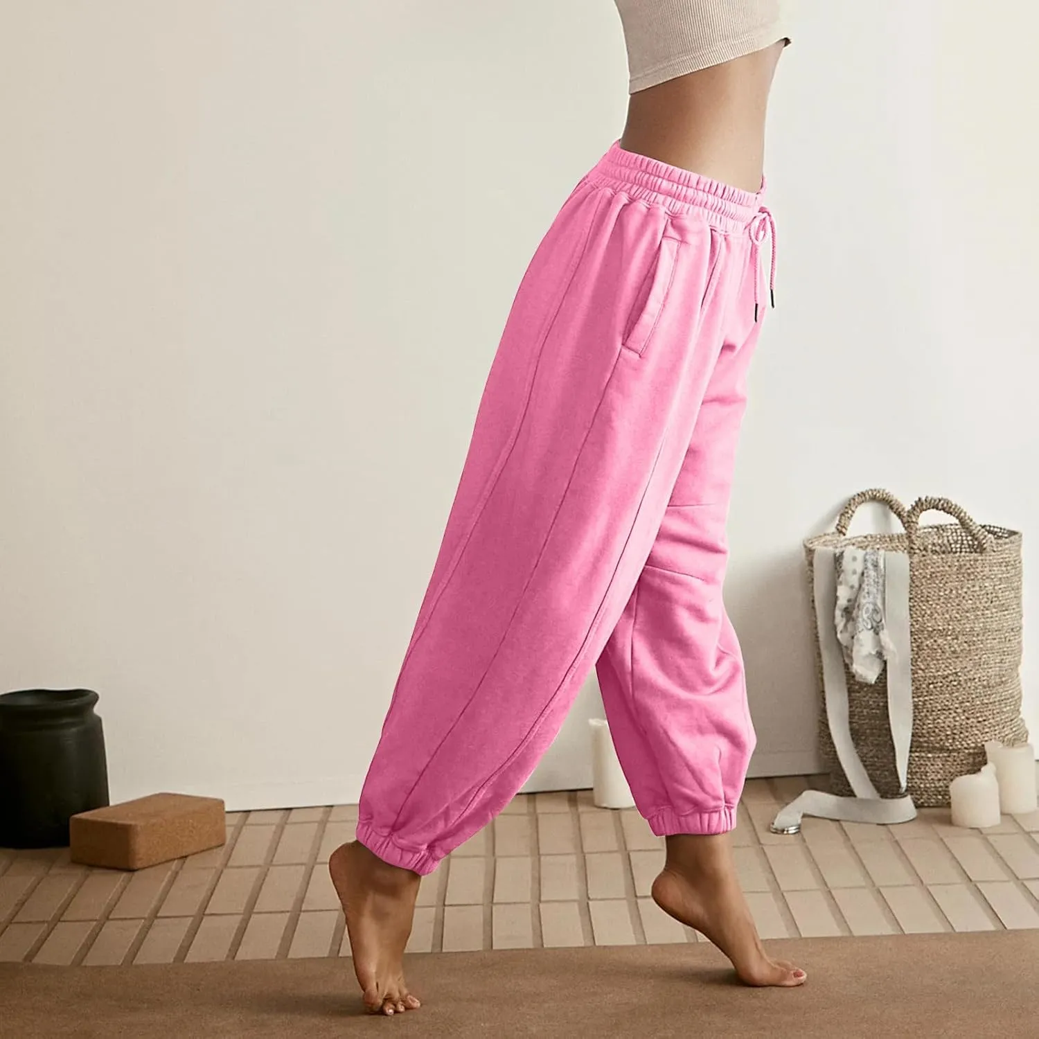 Womens Sweatpants Joggers Elastic High Waist Drawstring Lightweight Office Pants Slim Fit Trousers with Pocket 2024