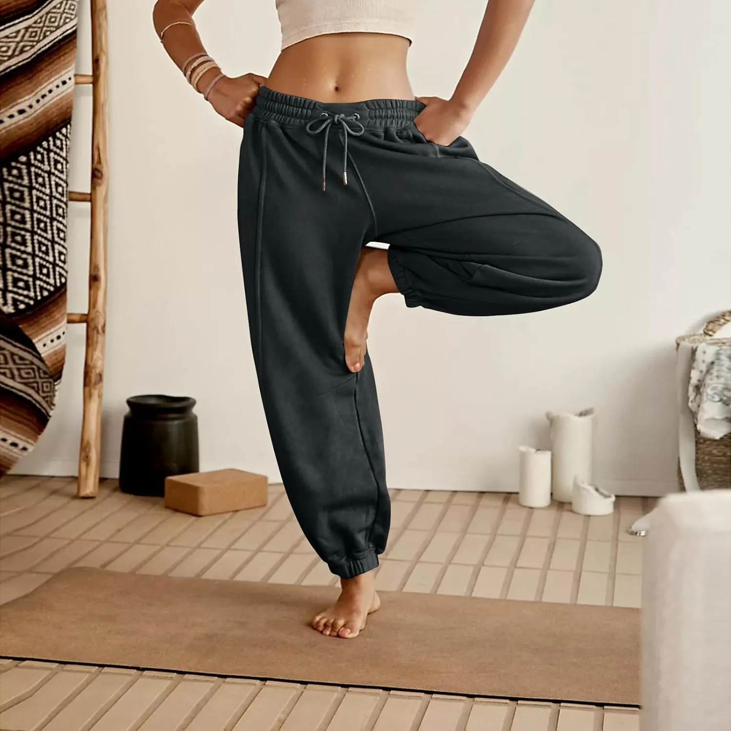 Womens Sweatpants Joggers Elastic High Waist Drawstring Lightweight Office Pants Slim Fit Trousers with Pocket 2024
