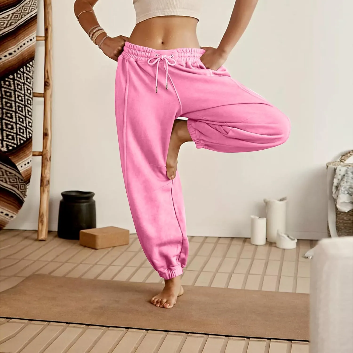 Womens Sweatpants Joggers Elastic High Waist Drawstring Lightweight Office Pants Slim Fit Trousers with Pocket 2024