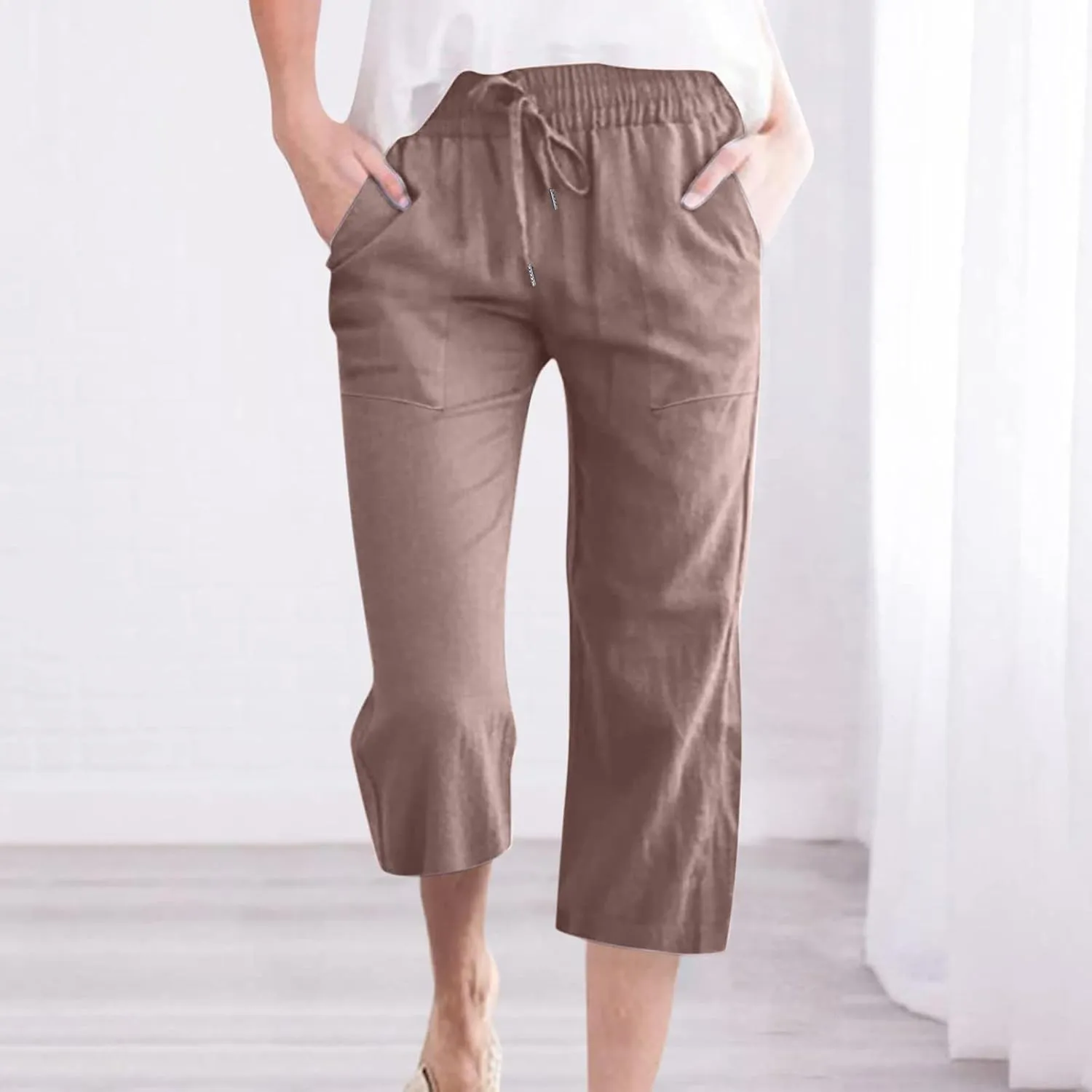 Womens Wide Leg Capris Casual Summer Elastic High Waist Cotton Linen Carpi Pants Loose Comfy Cropped Lounge Trousers