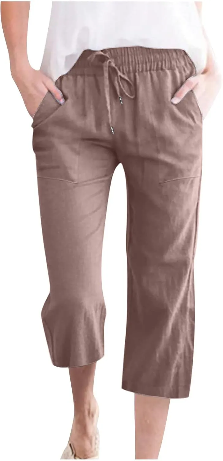 Womens Wide Leg Capris Casual Summer Elastic High Waist Cotton Linen Carpi Pants Loose Comfy Cropped Lounge Trousers
