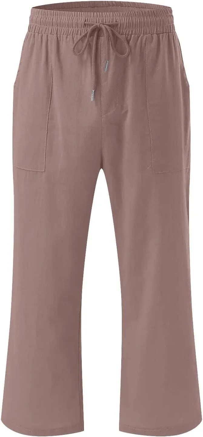 Womens Wide Leg Capris Casual Summer Elastic High Waist Cotton Linen Carpi Pants Loose Comfy Cropped Lounge Trousers