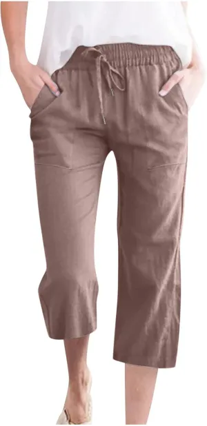Womens Wide Leg Capris Casual Summer Elastic High Waist Cotton Linen Carpi Pants Loose Comfy Cropped Lounge Trousers