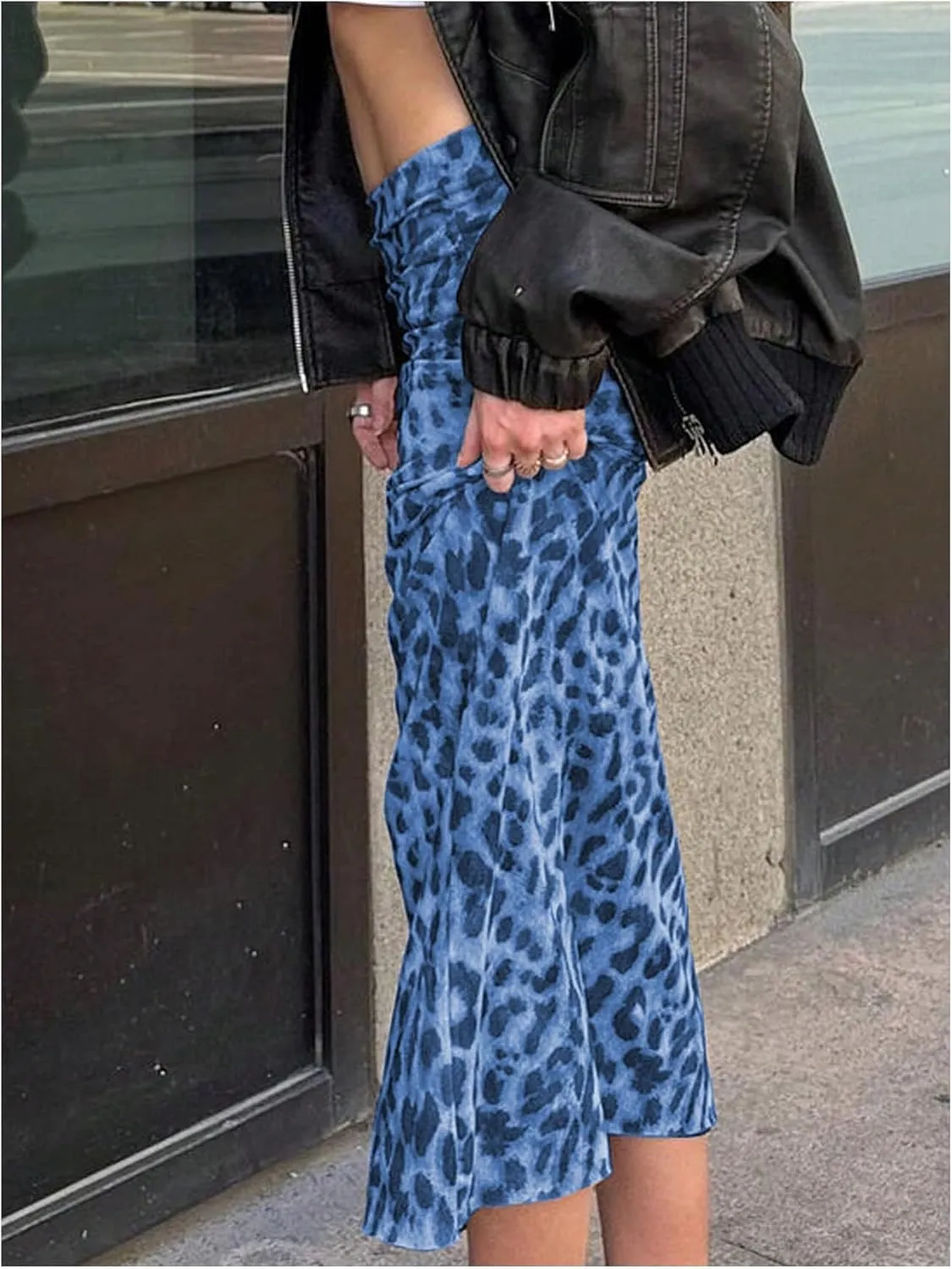 Women's Y2K Leopard Print Skirts Ruched Side Slit Maxi Skirt Mesh Sheer High Waisted Long Skirt Cheetah Bodycon Skirt