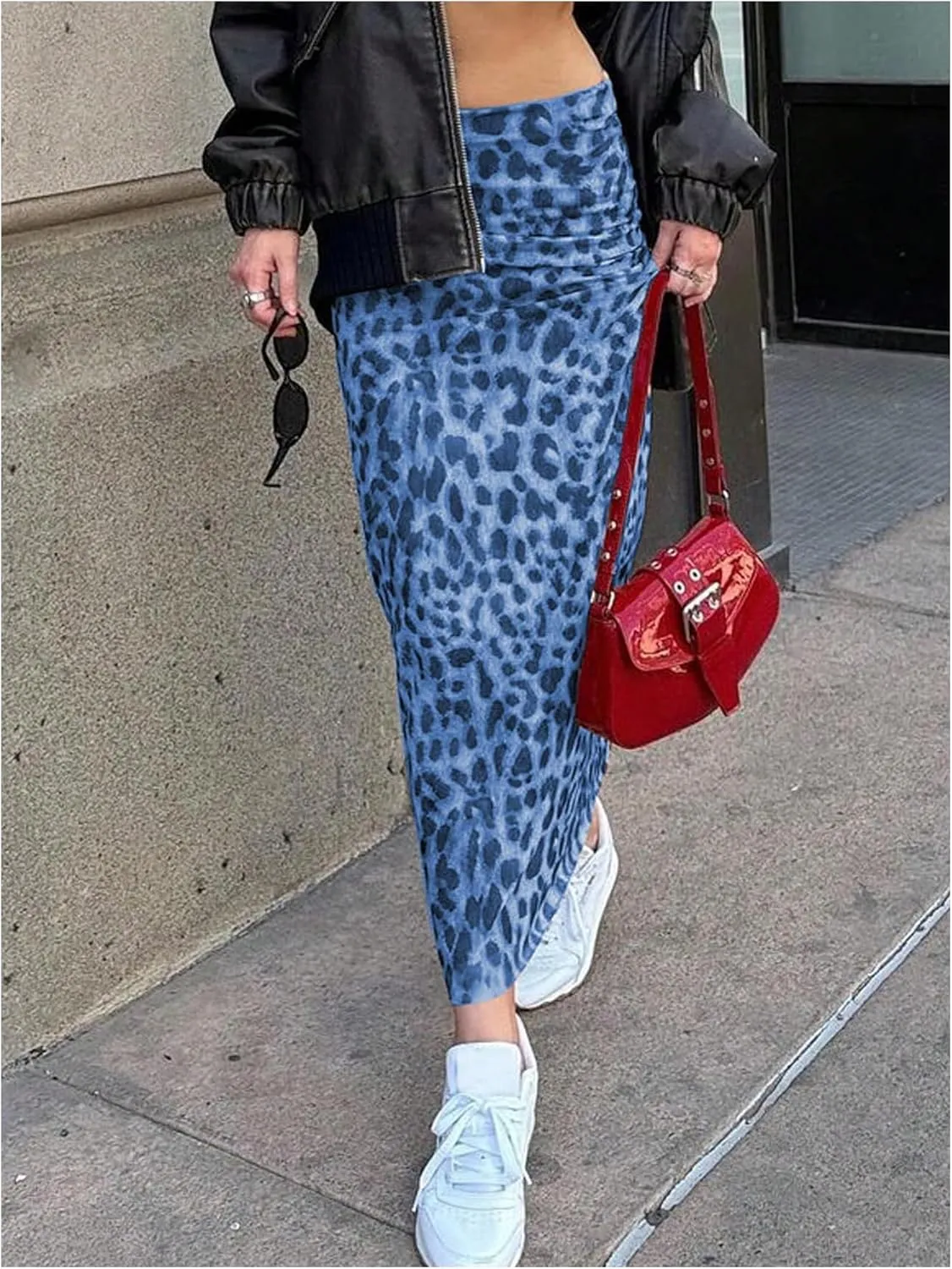Women's Y2K Leopard Print Skirts Ruched Side Slit Maxi Skirt Mesh Sheer High Waisted Long Skirt Cheetah Bodycon Skirt