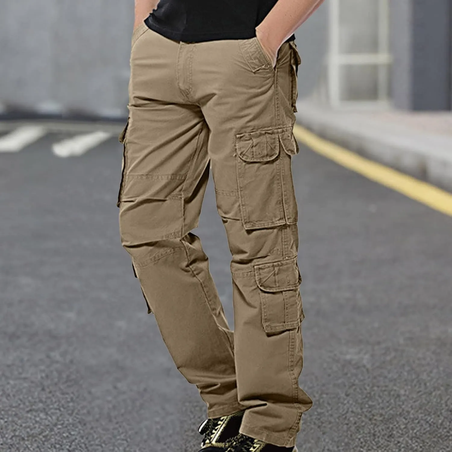Work Pants for Men Solid Multi-Pocket Mid-Rise Zipper Comfort Stretch High Waist Slim Casual Straight Trousers