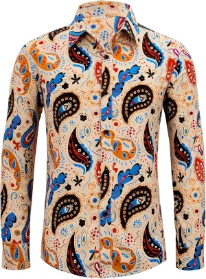 Zando Mens 70s Disco Shirt Retro Casual Button Down Disco Outfit Men Floral Vintage Long Sleeve Hip Hop Party Outfit Shirt