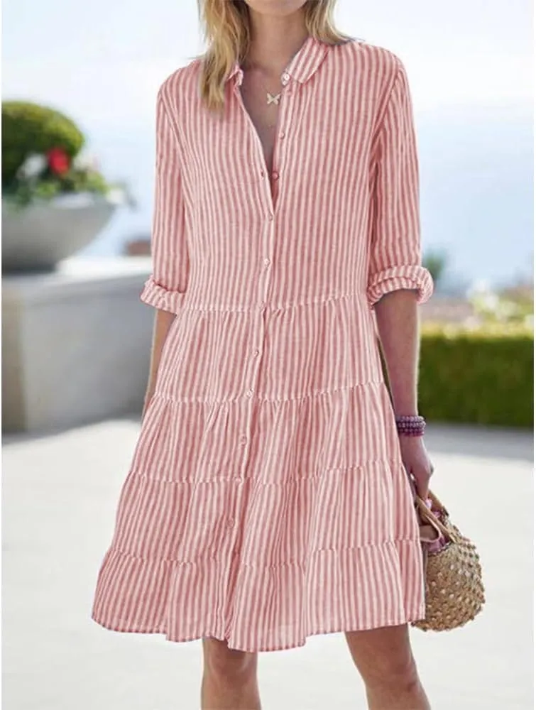 ZOCAVIA Women's Striped Shirt Dress Plus Size Long Sleeve Lapel Button Down Shirt Dress Flowy A-Line Midi Dresses Beach Dress