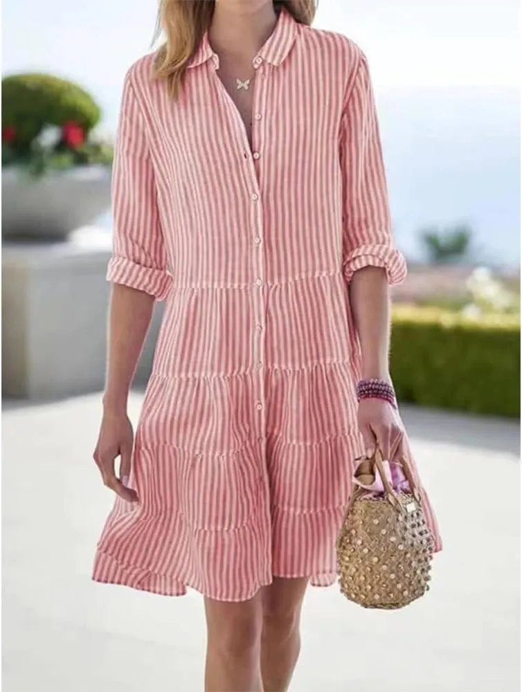 ZOCAVIA Women's Striped Shirt Dress Plus Size Long Sleeve Lapel Button Down Shirt Dress Flowy A-Line Midi Dresses Beach Dress