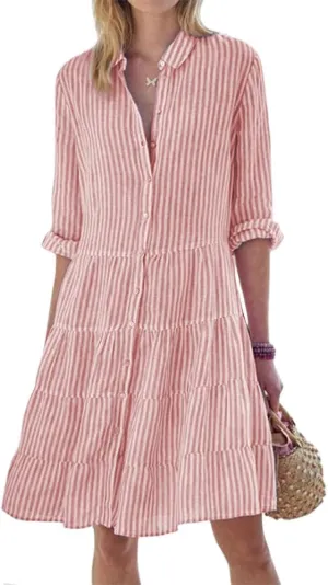 ZOCAVIA Women's Striped Shirt Dress Plus Size Long Sleeve Lapel Button Down Shirt Dress Flowy A-Line Midi Dresses Beach Dress